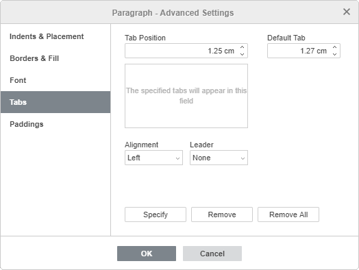 Paragraph Properties - Tab tab