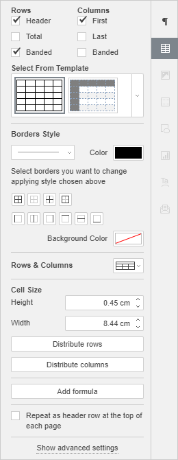 Right Sidebar - Table Settings